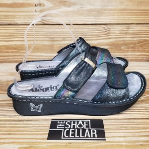 Alegria Iridescent Black Multi Strap Sandals